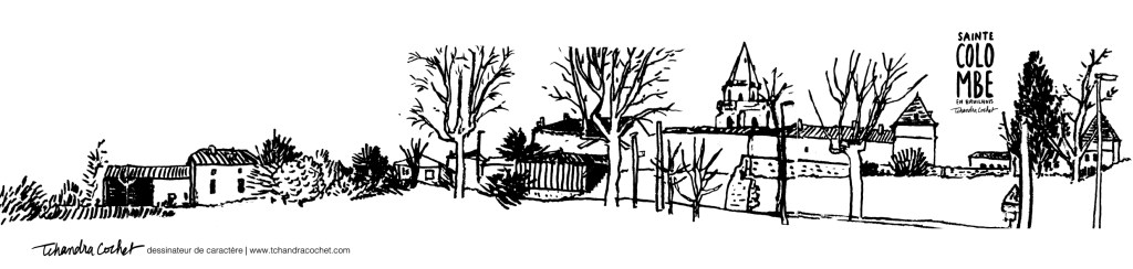 Dessin panoramique de Sainte-Colombe en Bruilhois par Tchandra Cochet