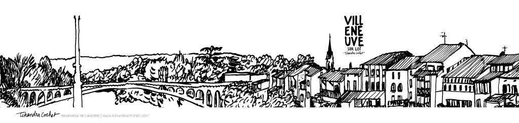Carte postale panoramique Villeneuve-sur-Lot, carte postale dessin Villeneuve-sur-Lot