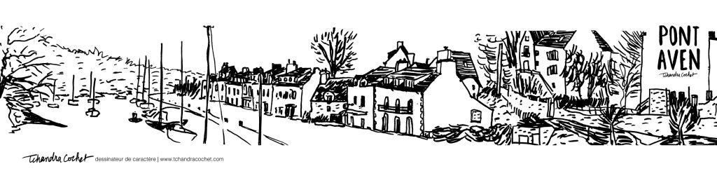 Carte postale panoramique Pont-Aven, carte postale dessin Pont-Aven côté port