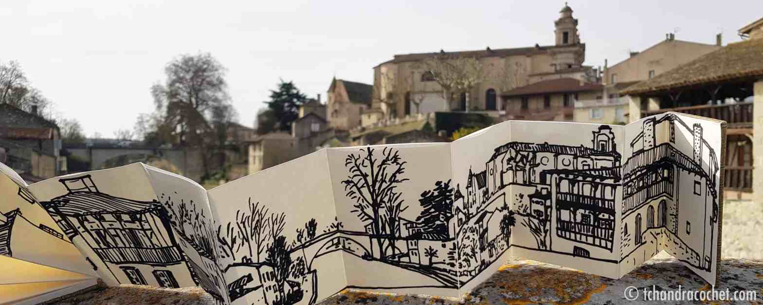 Dessin panoramique de Nérac par Tchandra Cochet